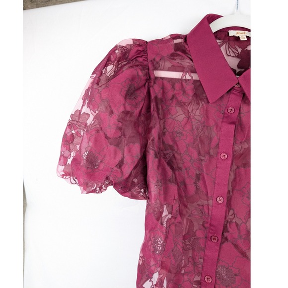 Peach Burgundy Floral Puff Sleeve Sheer Button Up Shirt Top XL Romantic Coquette - Picture 3 of 9